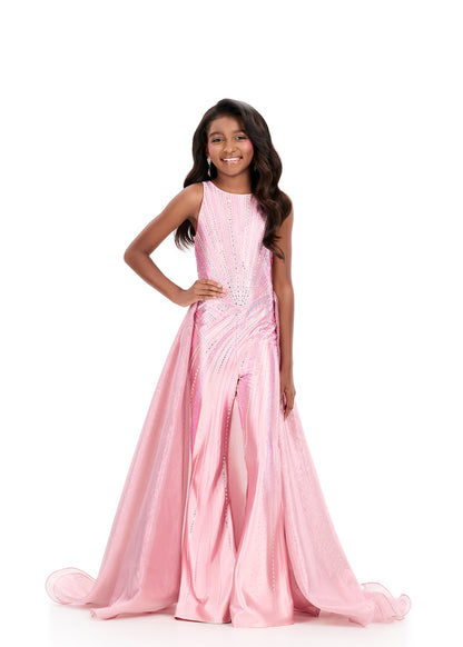 ASHLEYlauren 8362 Girls rose gold pageant jumpsuit overskirt 