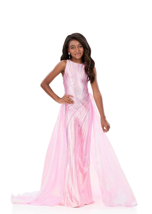 ASHLEYlauren 8363 Ice Pink Girls pageant jumpsuit overskirt