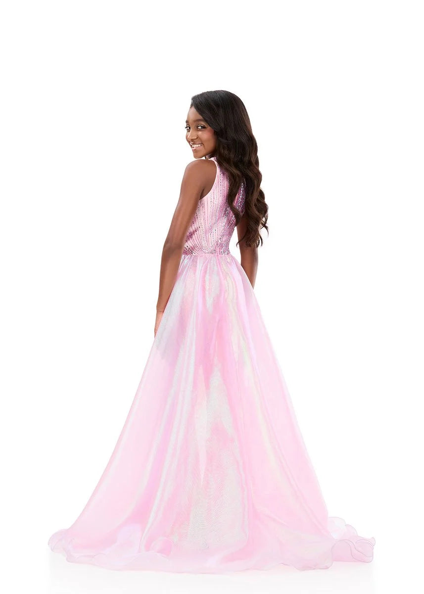 ASHLEYlauren 8363 Ice Pink Girls pageant jumpsuit overskirt back