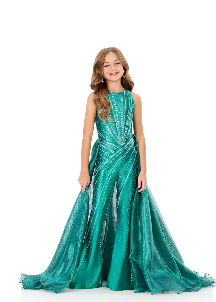 ASHLEYlauren 8363 Jade Green Girls pageant jumpsuit overskirt