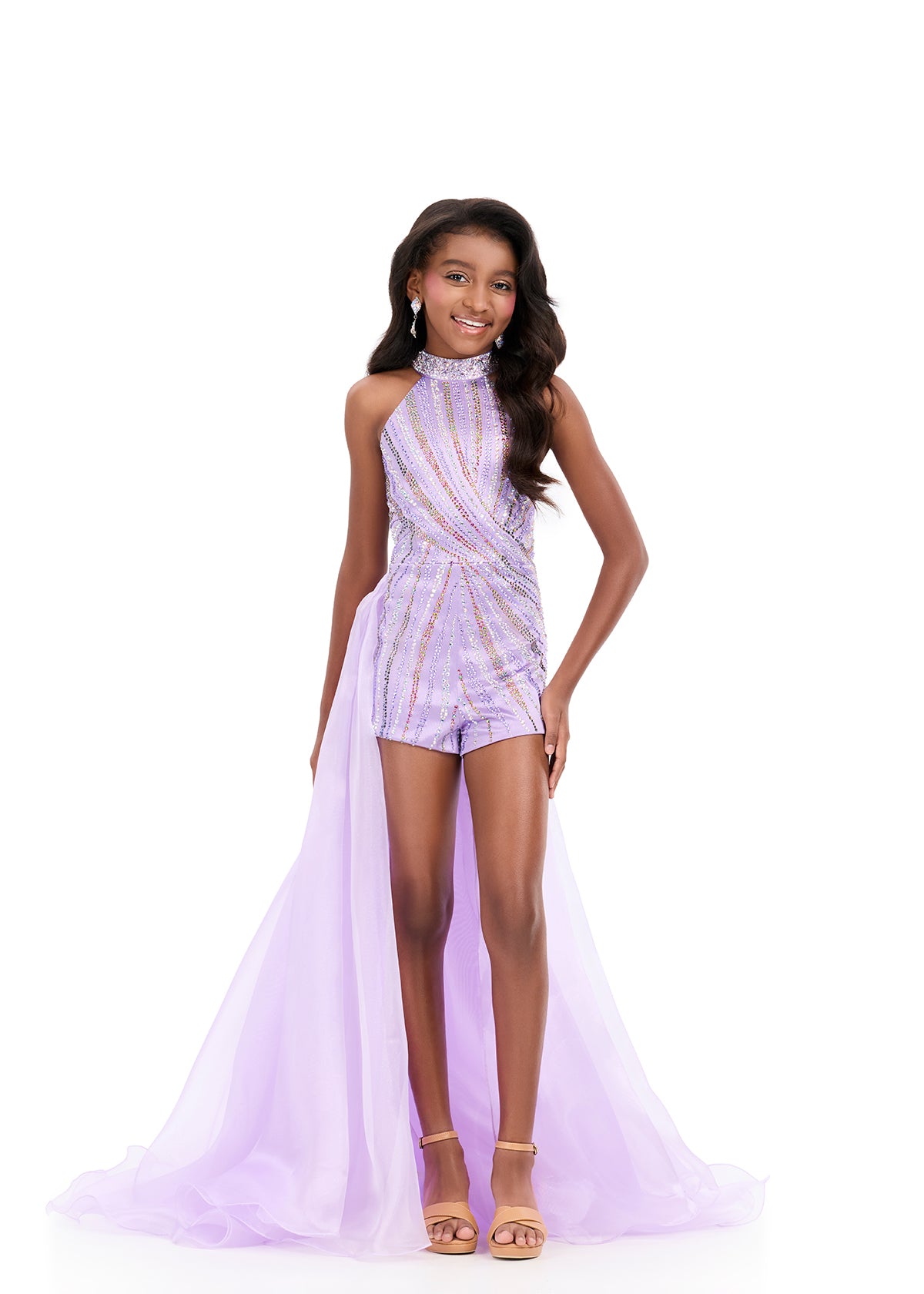 ASHLEYlauren 8364 Girls lilac pageant romper with side skirt