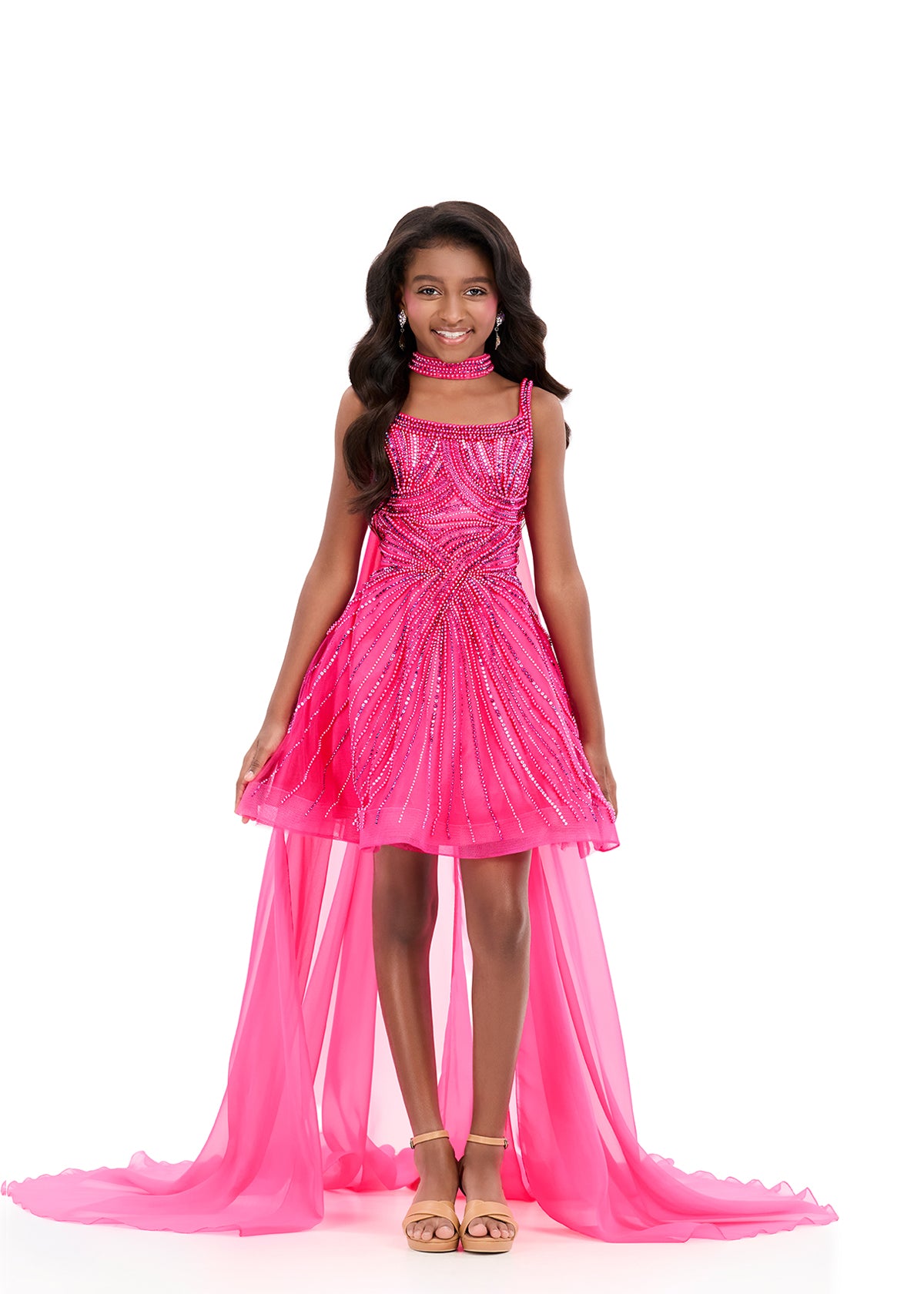 ASHLEYlauren 8365 Girls Fuchsia Short Dress with Choker Cape