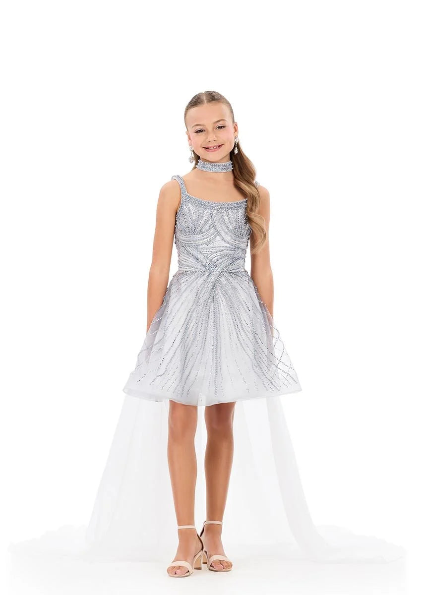 ASHLEYlauren 8365 Girls Pearl Short Dress with Choker Cape Silver / 4