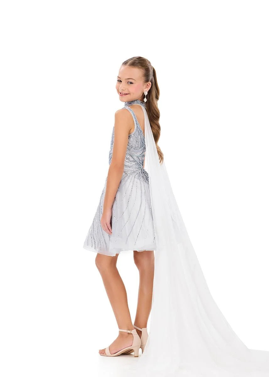 ASHLEYlauren 8365 Girls Silver Pearl Short Dress with Choker Cape back