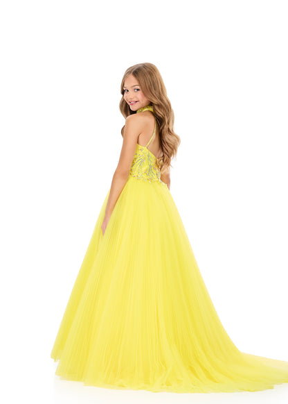 ASHLEYlauren 8366 Girls Yellow Pageant Dress High Neckline Ball Gown