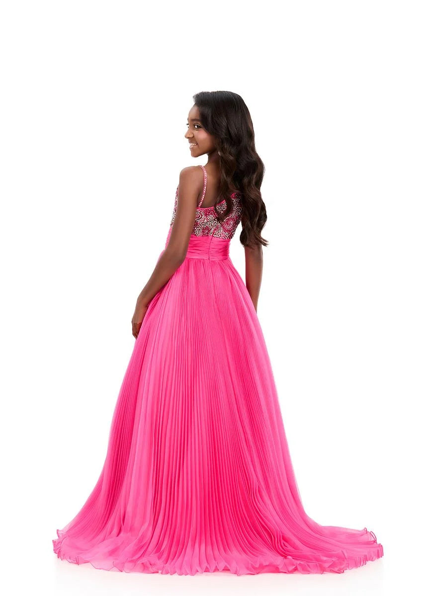 ASHLEYlauren 8367 Girls Pink One Shoulder Pageant Gown back