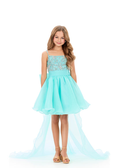 ASHLEYlauren 8369 Kids Aqua Short Dress Pageant Gown High Low Overskirt Bow