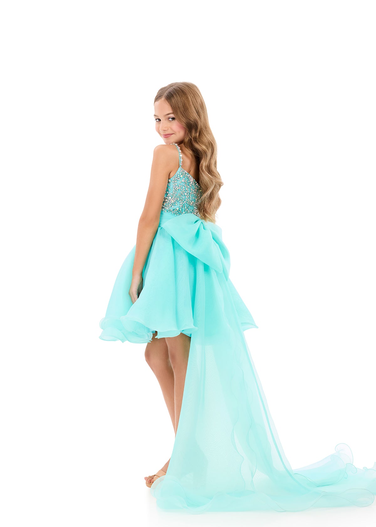 ASHLEYlauren 8369 Kids Aqua Short Dress Pageant Gown High Low Overskirt Bow 