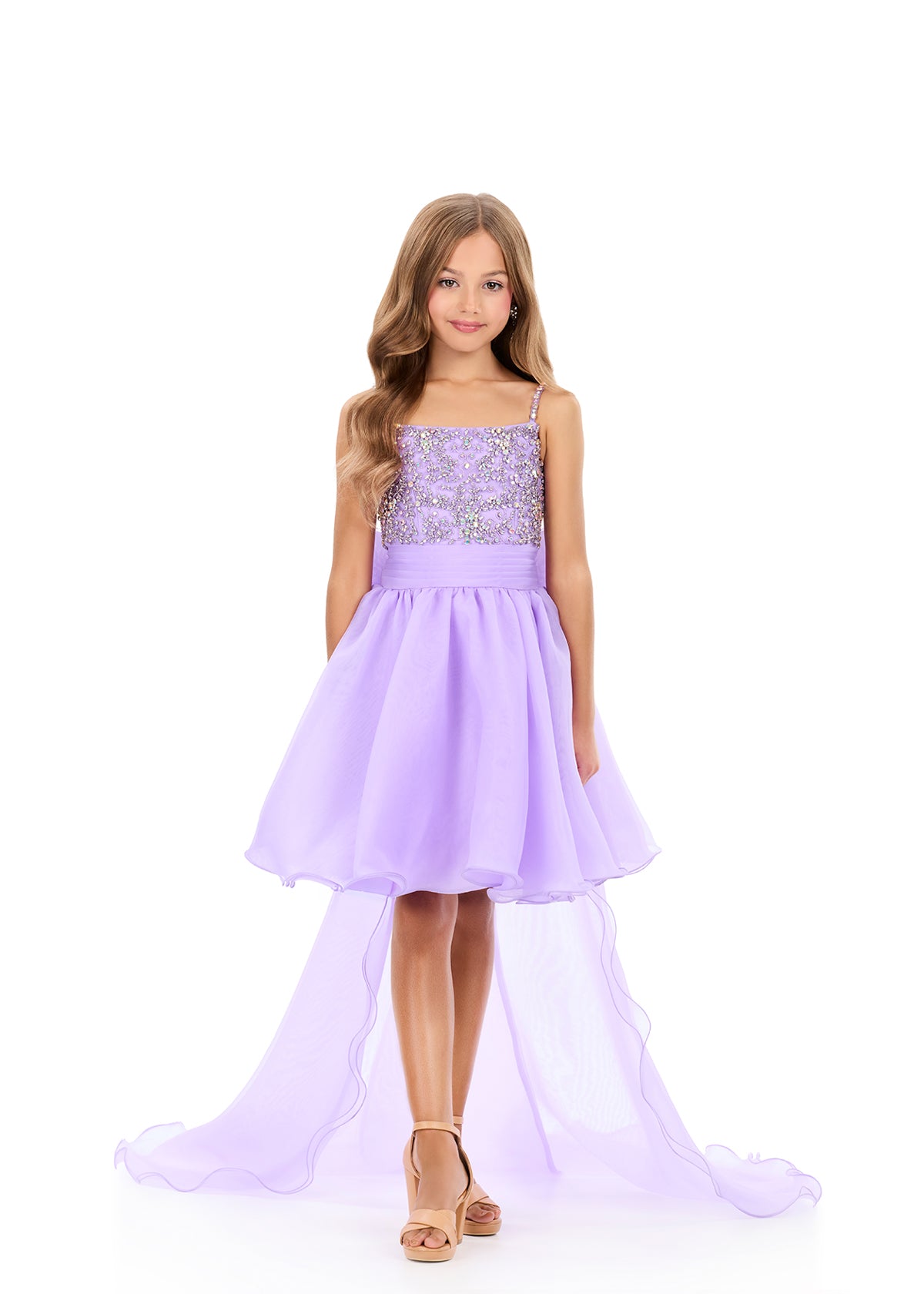 ASHLEYlauren 8369 Kids Orchid Short Dress Pageant Gown High Low Overskirt Bow
