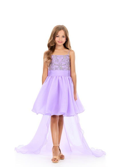 ASHLEYlauren 8369 Kids Orchid Short Dress Pageant Gown High Low Overskirt Bow