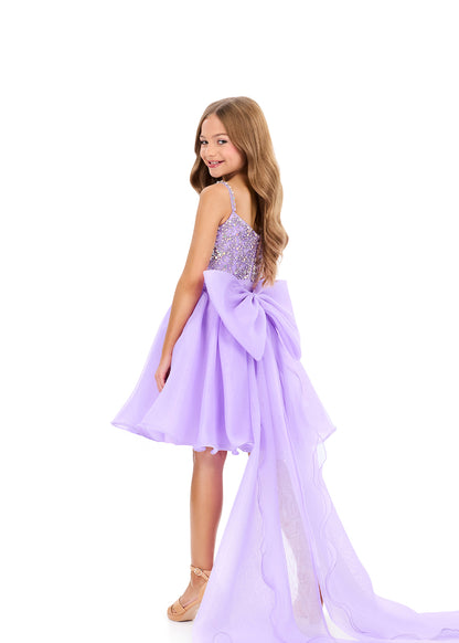 ASHLEYlauren 8369 Kids Orchid Short Dress Pageant Gown High Low Overskirt Bow