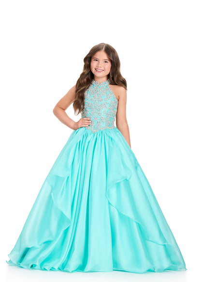 ASHLEYlauren 8395 Aqua girls pageant dress high neckline beaded bodice