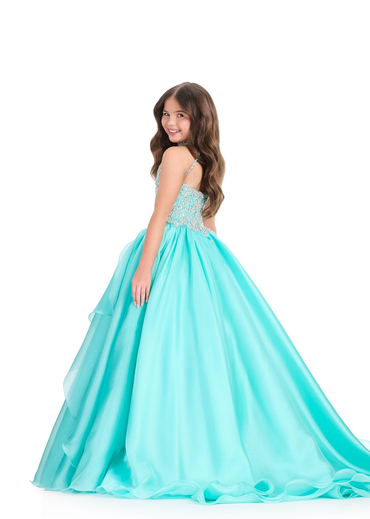 ASHLEYlauren 8395 Aqua girls pageant dress high neckline beaded bodice back