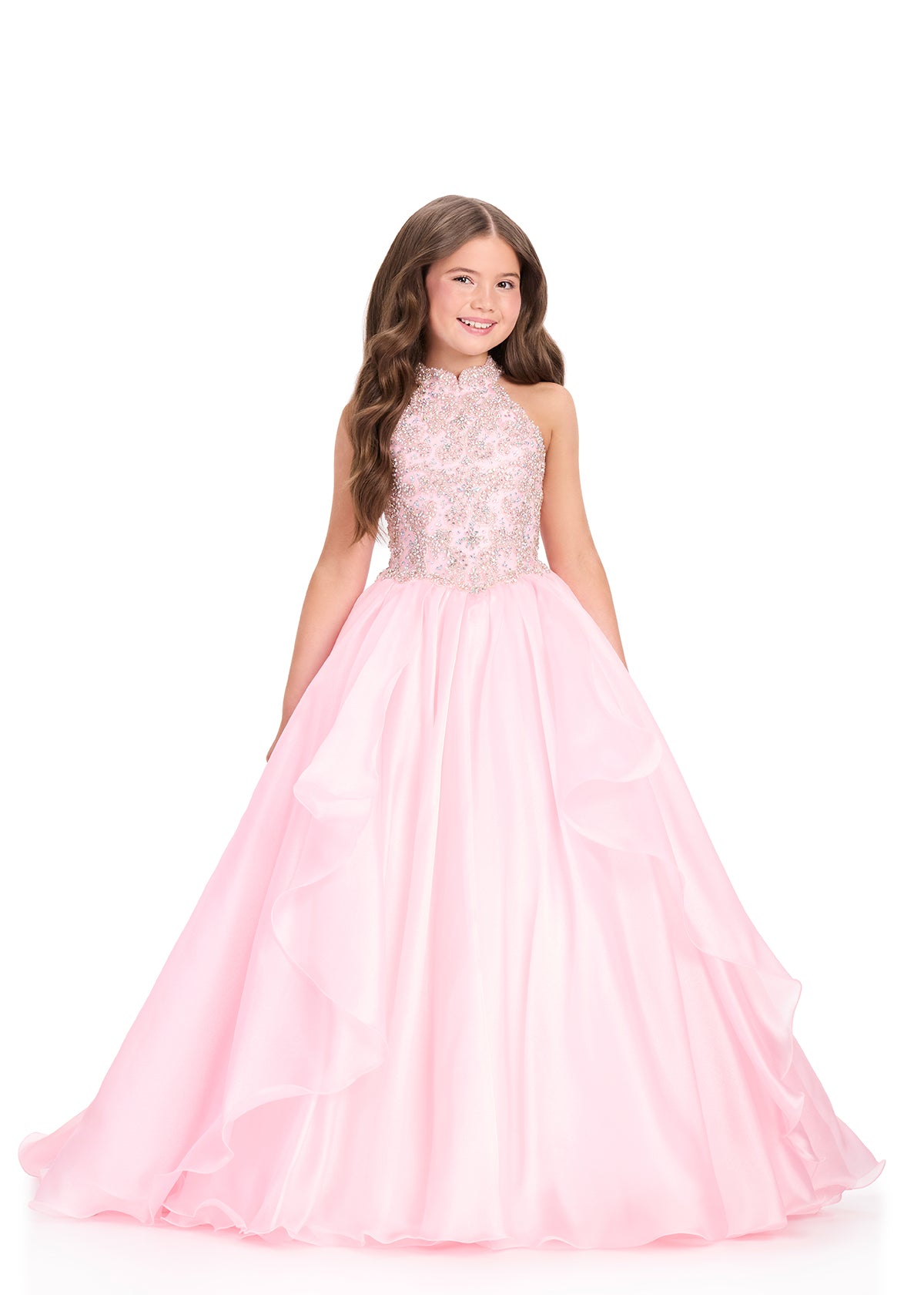 ASHLEYlauren 8395 Ice Pink girls pageant dress high neckline beaded bodice
