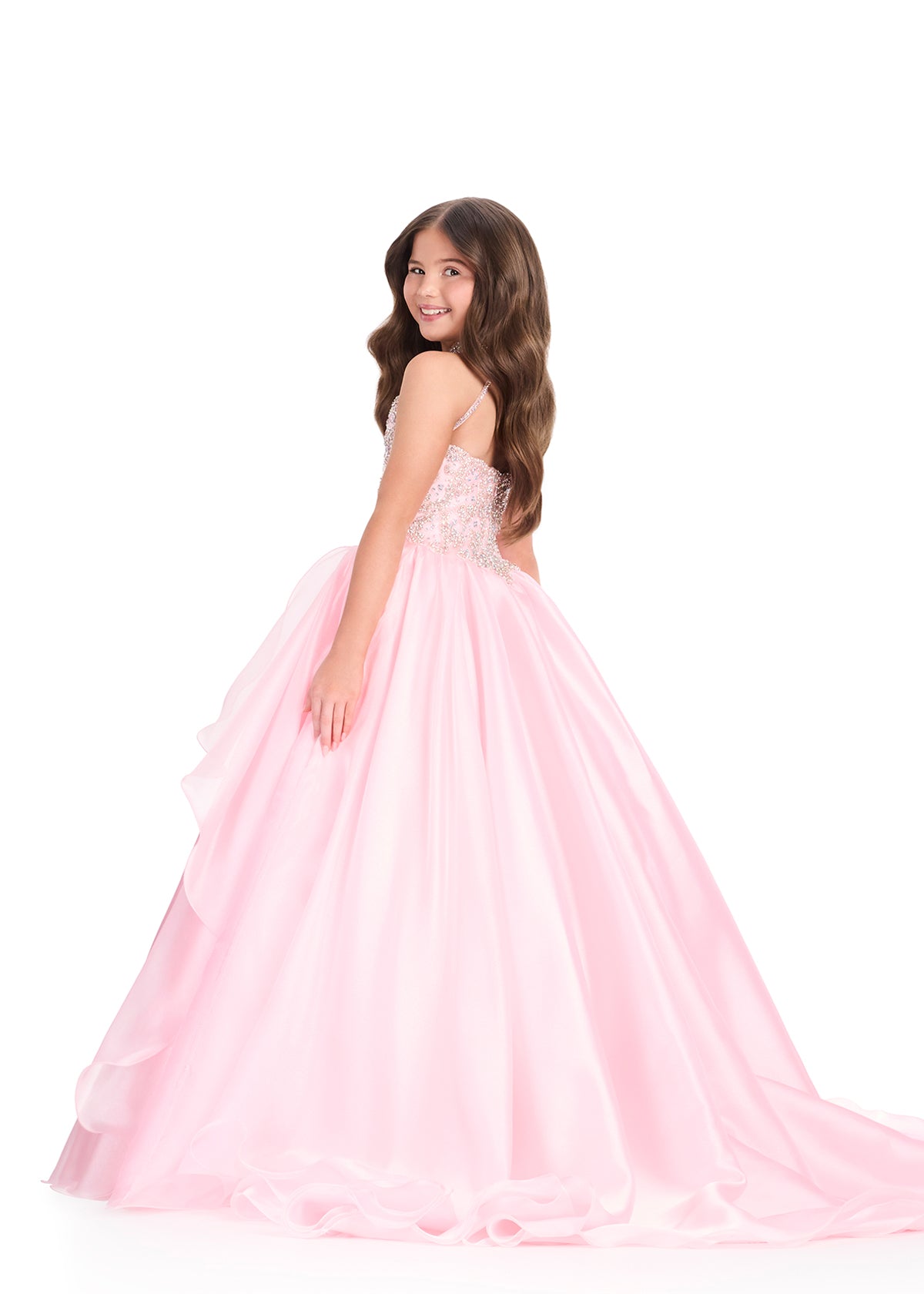 ASHLEYlauren 8395 Ice Pink girls pageant dress high neckline beaded bodice back