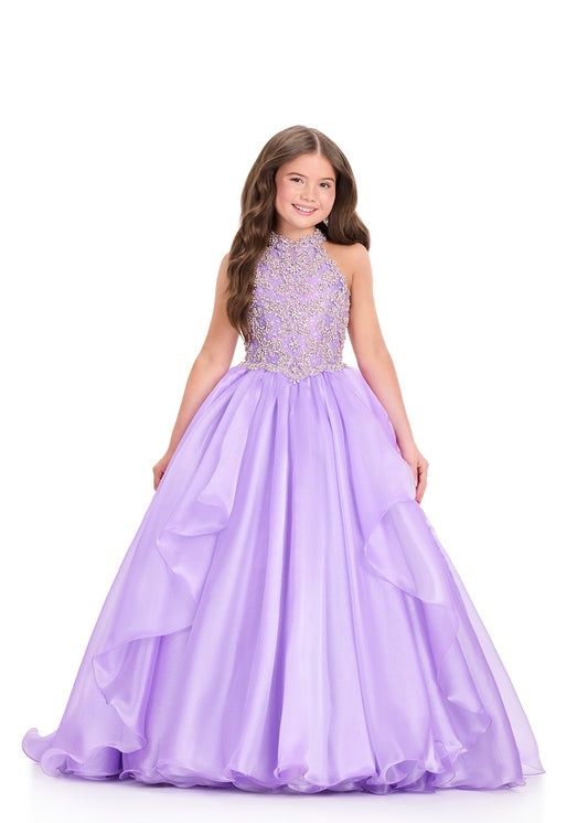 ASHLEYlauren 8395 Orchid girls pageant dress high neckline beaded bodice