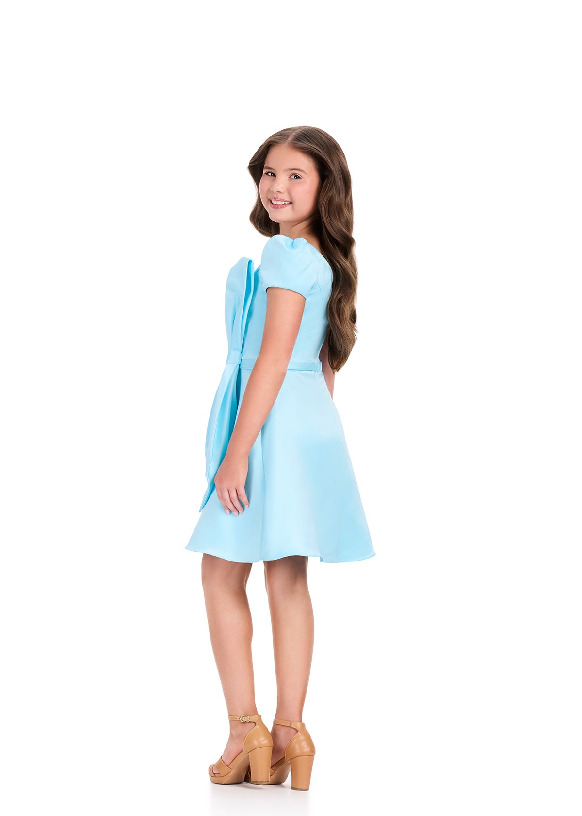 ASHLEYlauren 8400 Girls Light Blue Cocktail Dress Bow Front Short Sleeves back