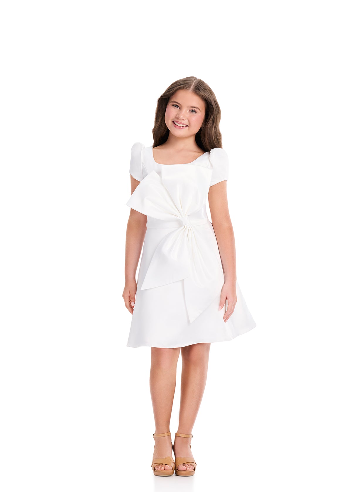 ASHLEYlauren 8400 Girls Teens Ivory Cocktail Dress Bow Front Short Sleeves
