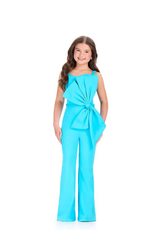 ASHLEYlauren 8404 Girls Turquoise Jumpsuit Oversized Bow