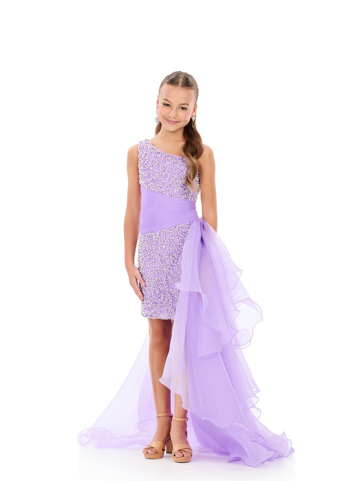 ASHLEYlauren 8408 Orchid Girls High Low Short Dress with Side Overskirt