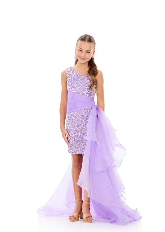 ASHLEYlauren 8408 Orchid Girls High Low Short Dress with Side Overskirt