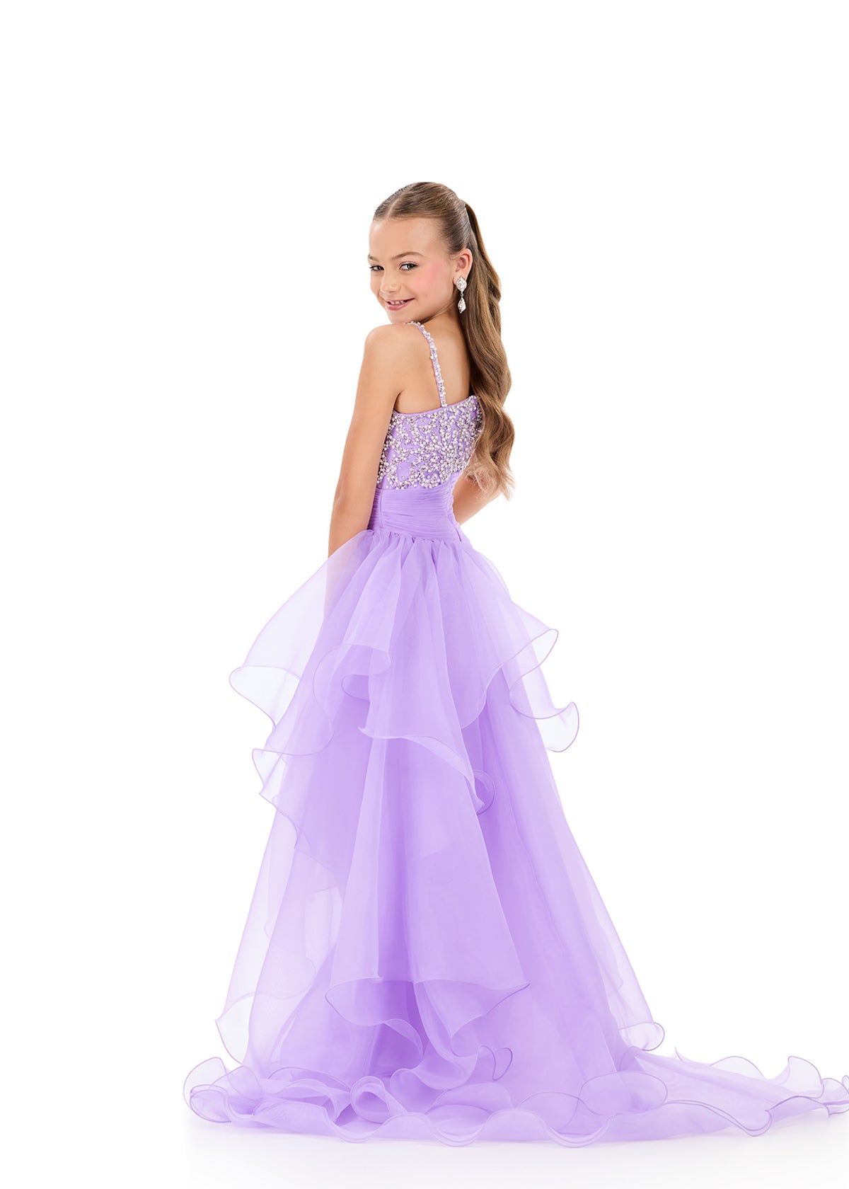 ASHLEYlauren 8408 Orchid Girls High Low Short Dress with Side Overskirt back
