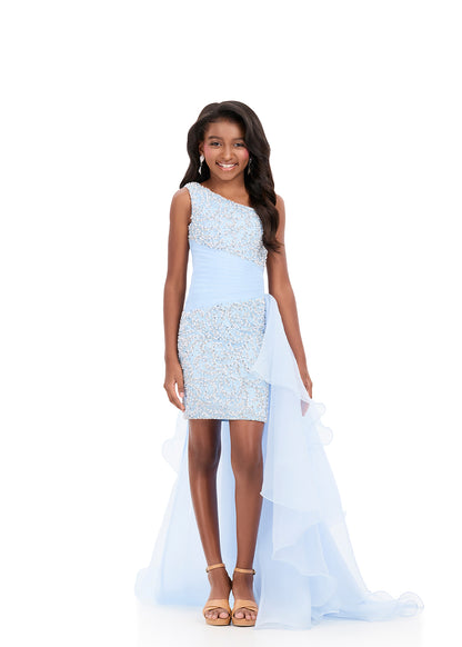 ASHLEYlauren 8408 Sky Blue Girls High Low Short Dress with Side Overskirt