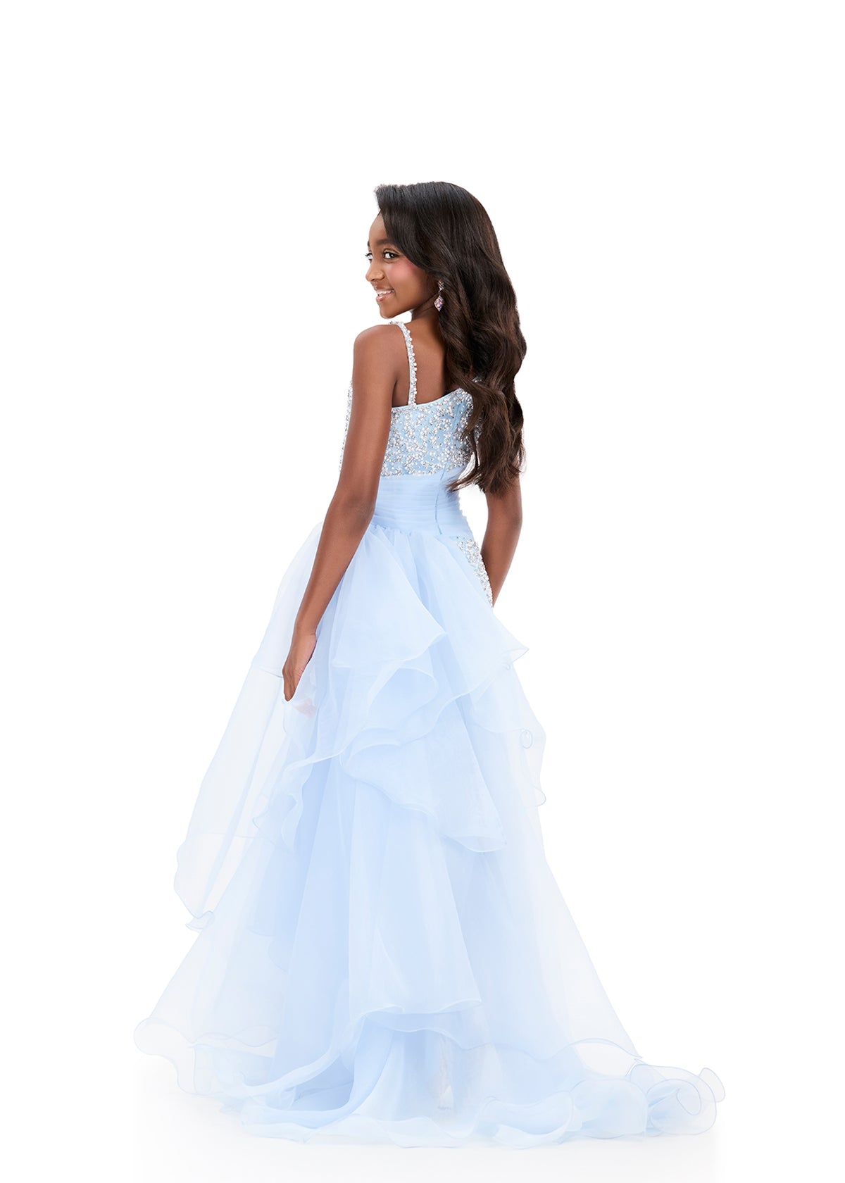 ASHLEYlauren 8408 Sky Blue Girls High Low Short Dress with Side Overskirt back
