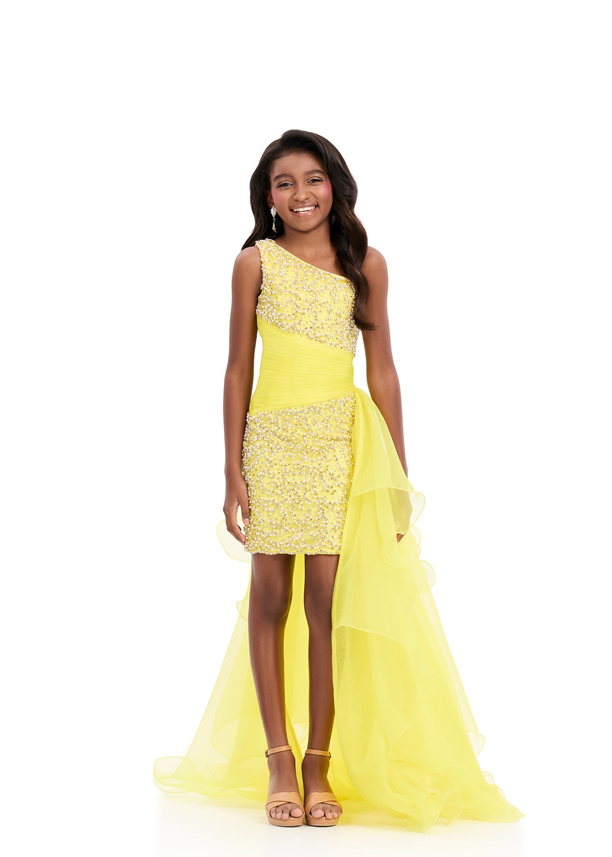 ASHLEYlauren 8408 Yellow Girls High Low Short Dress with Side Overskirt