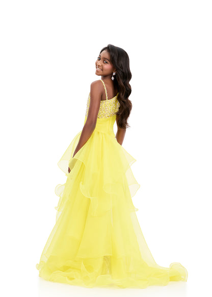 ASHLEYlauren 8408 Yellow Girls High Low Short Dress with Side Overskirt