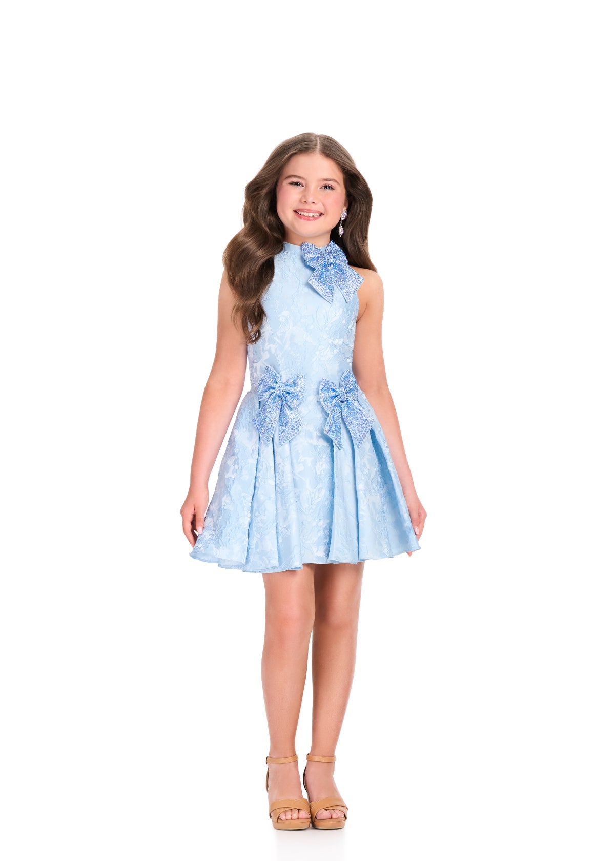 ASHLEYlauren 8411 Girls Sky Blue Brocade Short Dress with Bows