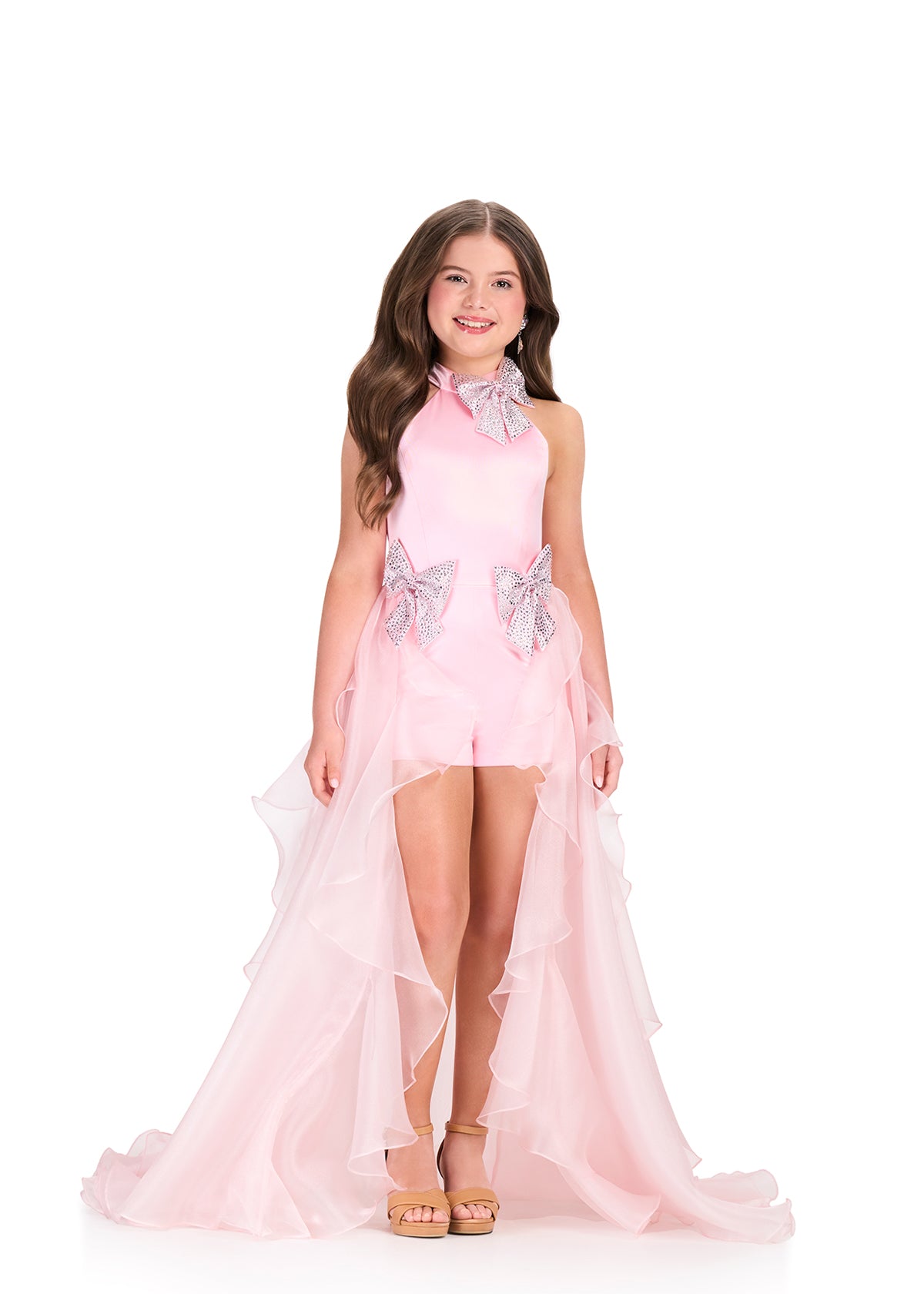 ASHLEYlauren 8412 Girls Ice Pink Romper with overskirt