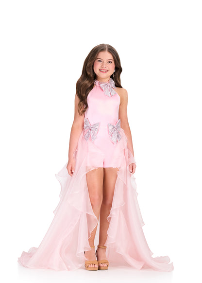 ASHLEYlauren 8412 Girls Ice Pink Romper with overskirt
