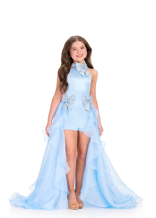 ASHLEYlauren 8412 Girls Sky Blue Romper with overskirt and bow details