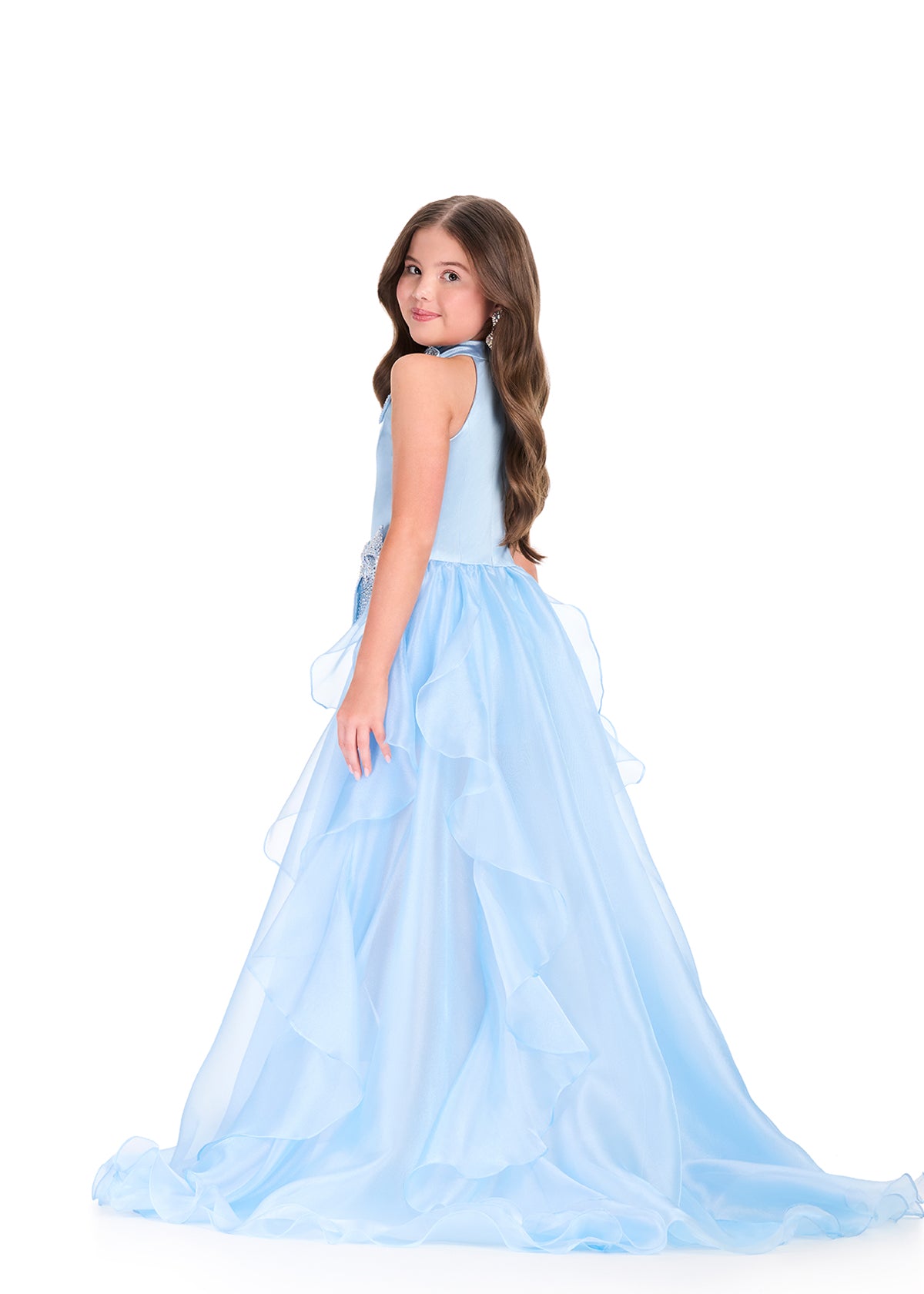 ASHLEYlauren 8412 Girls Sky Blue Romper with overskirt and bow details back
