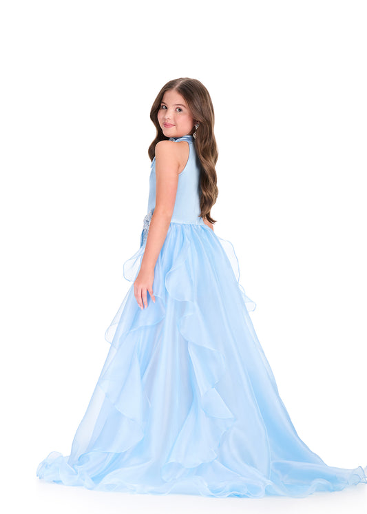 ASHLEYlauren 8412 Girls Sky Blue Romper with overskirt and bow details back