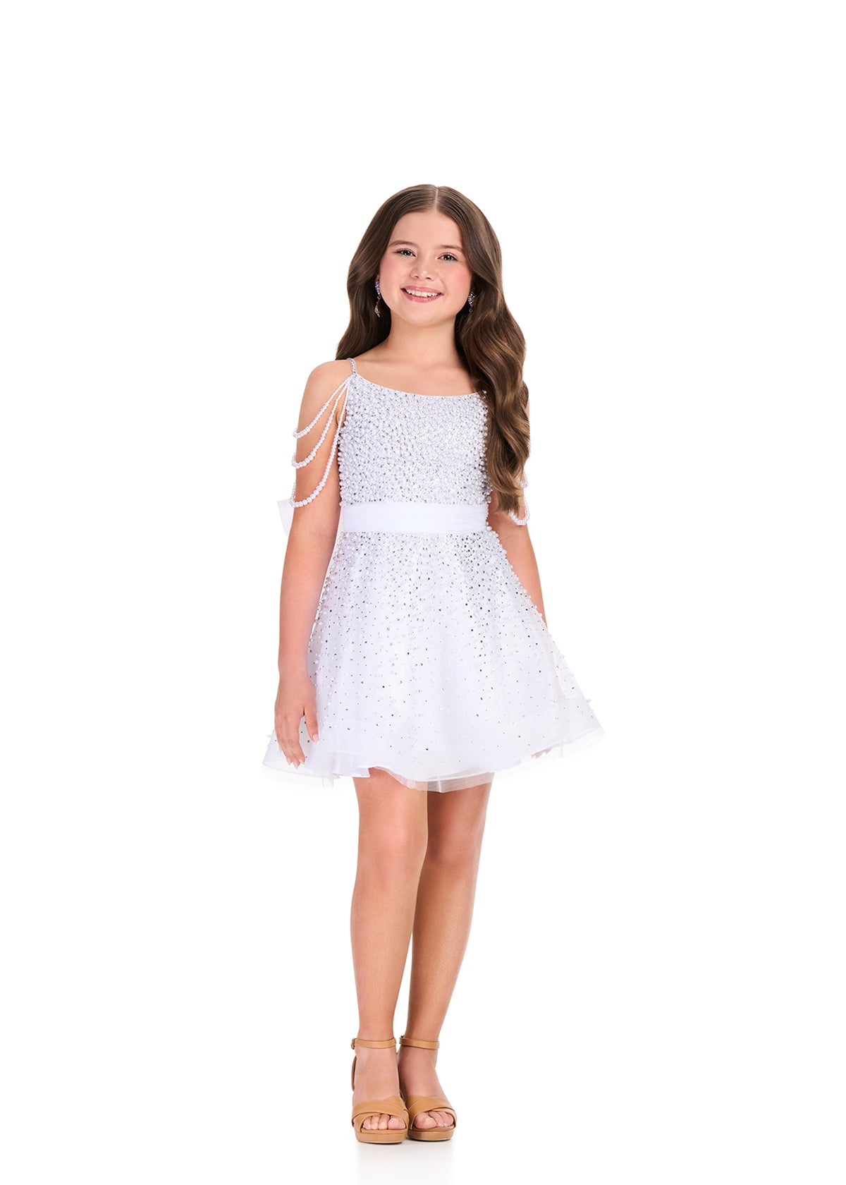 ASHLEYlauren 8415 White Girls Short Dress Pearls Bow