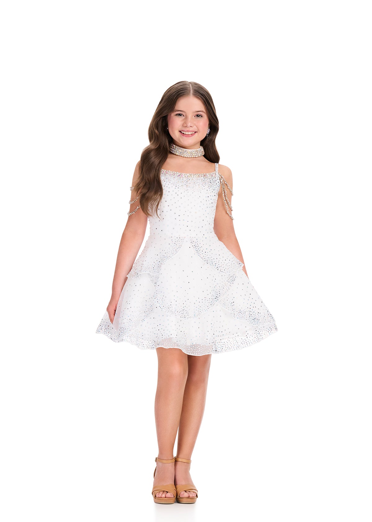 ASHLEYlauren 8417 White Girls Short Dress Scalloped Embellishments