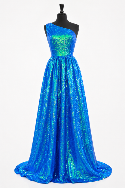 Marc Defang 8068 Size 6&nbsp;Blue Sequin One Shoulder Ballgown Formal Dress Pageant Prom Gown Iridescent Sequin Triple straps Gown

Available Size: 6

Available Color: Blue