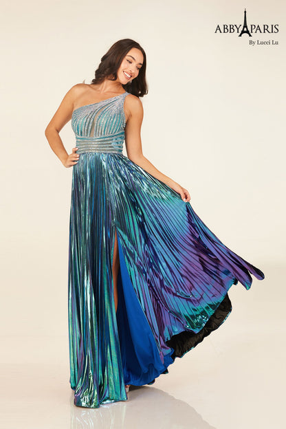 Abby Paris 90289 Metallic Pleated Maxi Slit Prom Dress One Shoulder Crystal Formal Gown