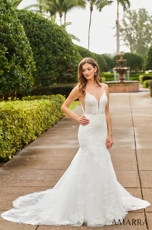 ﻿Amarra Bridal "Alexandra" Mermaid Spaghetti Strap Plunging neckline Sheer Embroidered Bodice Wedding Gown. If you’re looking for a classic and elegant wedding dress with lots of charm, meet Alexandra.
