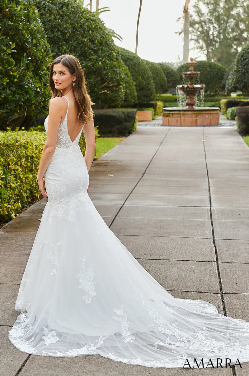 ﻿Amarra Bridal "Alexandra" Mermaid Spaghetti Strap Plunging neckline Sheer Embroidered Bodice Wedding Gown. If you’re looking for a classic and elegant wedding dress with lots of charm, meet Alexandra.