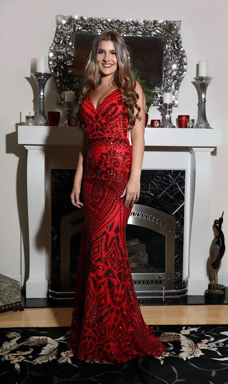 Allie Blu 6410 Red Size 8  Sequin Print prom dress with V neckline and open back. Embellished waist. Long Fitted Evening Gown Form
