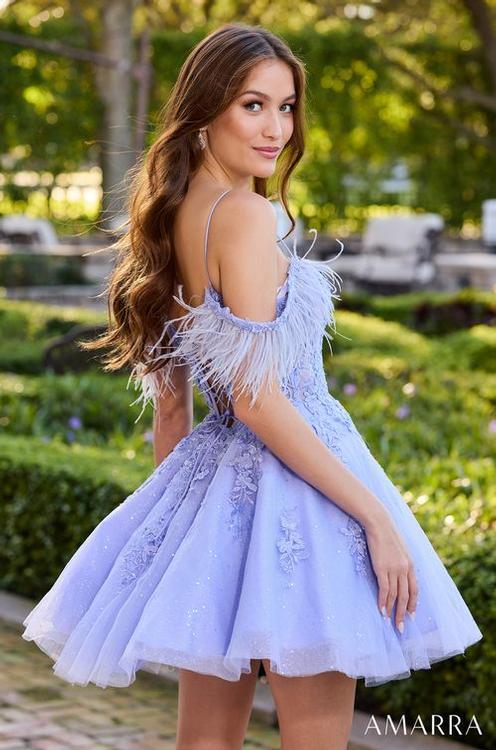 Make a lasting impression in Amarra's 88663 Periwinkle Homecoming Cocktail Dress. This sparkle lace fit and flare features a sweetheart neckline with spaghetti straps, detachable off the shoulder feather straps, and a lace-up corset back with a sheer bodice. Get ready to stun!