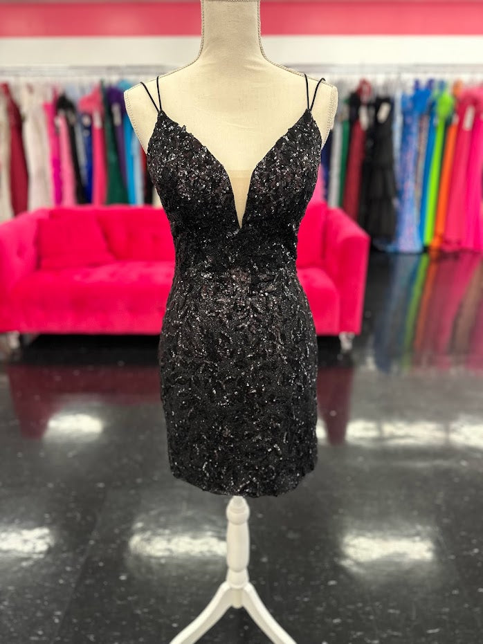 Amarra 87144 is a Short Fitted Iridescent Sequin embellished Formal Cocktail Dress.  This  Backless Corset Homecoming Gown is a true stunner for any formal event!  Black size 6  Available Colors: Black