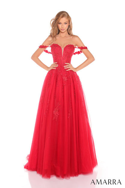 Introducing the Amarra 88409 Long Sheer Lace Corset Prom Dress, a stunning A Line design with an off the shoulder silhouette. Perfect for any formal occasion, this dress features delicate lace detailing and a fitted corset for a flattering fit. Make a statement at your next event with this elegant ball gown. This breathtaking ball gown features a daring plunging V-neckline that leads into a sheer corset bodice, intricately adorned with delicate floral lace embroidery. Graceful off-the-shoulder sleeves add a