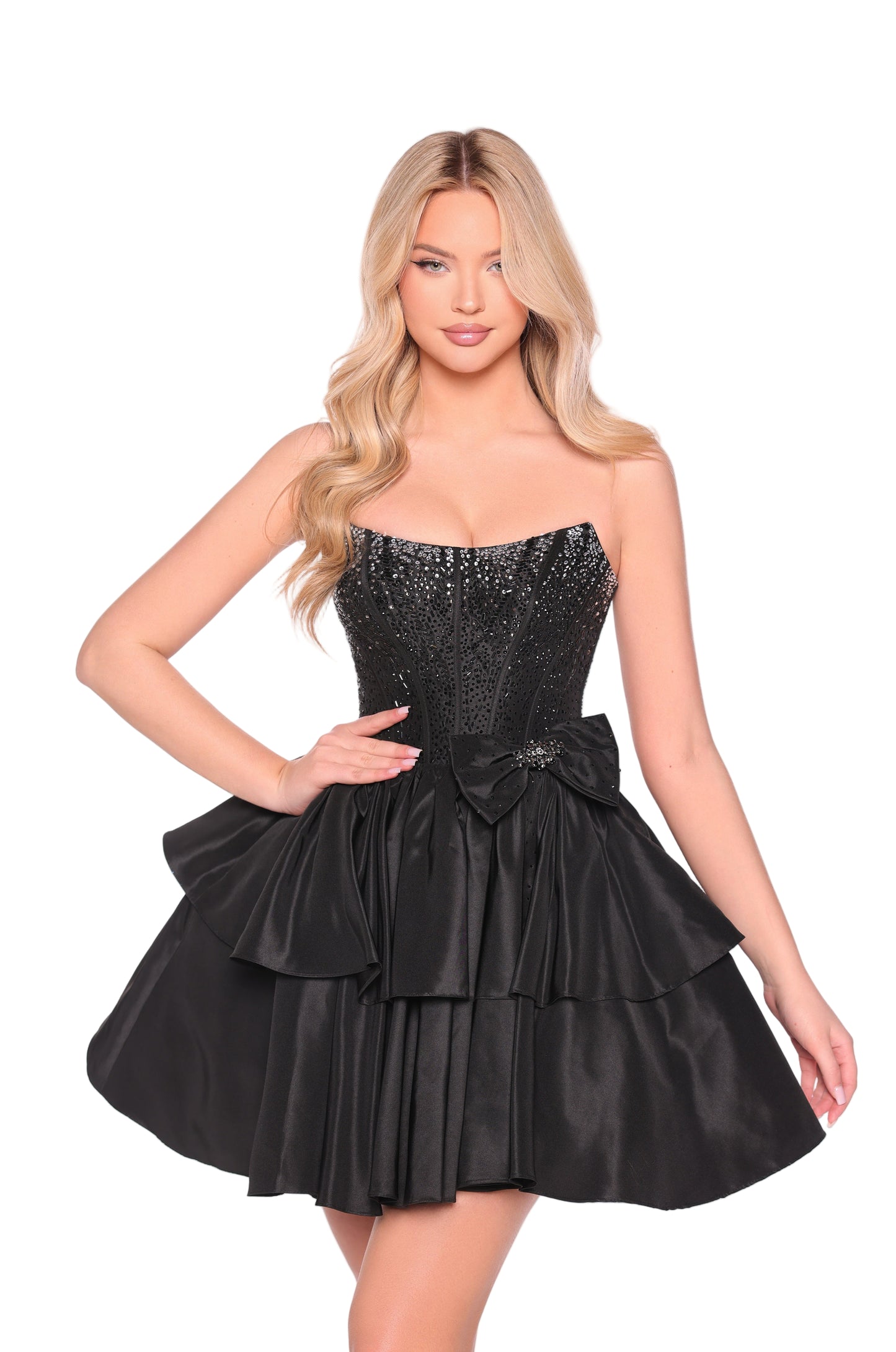 Elevate your evening with the Amarra 88912 Short Flared Crystal Corset Dress. Featuring a delicate scoop neckline and a crystal-embellished corset, this homecoming dress combines elegance with a flattering short, flared silhouette. The stylish bow accent on the hip adds a refined touch, making it perfect for cocktail parties and formal occasions. Designed to highlight your figure while offering comfort, this dress ensures you stand out with timeless sophistication. Turn up the charm in this tiered short dre