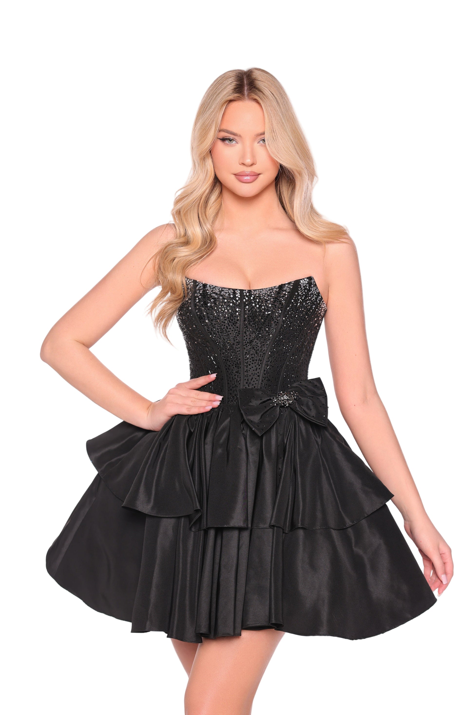 Elevate your evening with the Amarra 88912 Short Flared Crystal Corset Dress. Featuring a delicate scoop neckline and a crystal-embellished corset, this homecoming dress combines elegance with a flattering short, flared silhouette. The stylish bow accent on the hip adds a refined touch, making it perfect for cocktail parties and formal occasions. Designed to highlight your figure while offering comfort, this dress ensures you stand out with timeless sophistication. Turn up the charm in this tiered short dre
