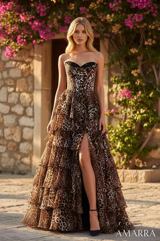 Make a dramatic entrance in this stunning Amarra 89612 prom dress, featuring a bold leopard print that commands attention. The structured corset bodice provides elegant support and definition, while cascading ruffles create movement and volume throughout the skirt. This show-stopping ballgown silhouette is designed for those who want to stand out on prom night. Perfect for formal events where confidence and glamour are essential.

Sizes: 00-24

Colors: Leopard/Print