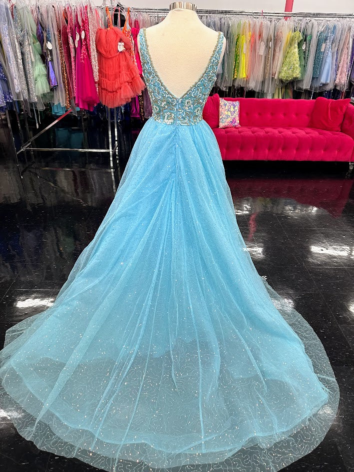 Amarra 94052 Size 8 Light Blue Beaded V Neck A Line Maxi Slit Sequin Prom Dress Pageant Gown Train Tulle